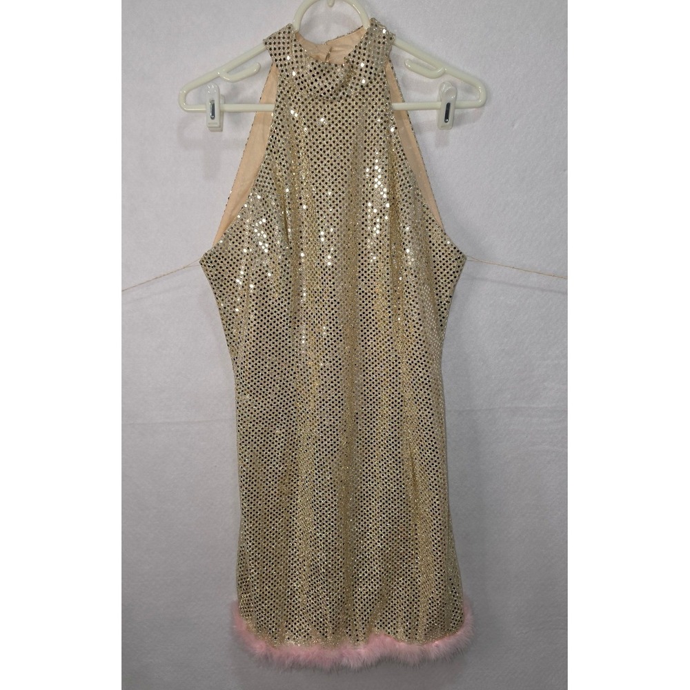 Roberta Vintage Gold Sequin Halter Mini Dress Pink Fur Trim Size 11/12